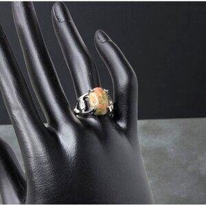 vintage silver tone elegant 4 prong oval open side polished orange/green agate r